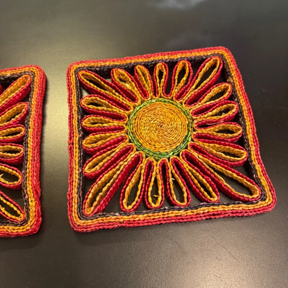 Vintage Sunflower Raffia Trivets Set of 2 Red Yellow 7in Woven Boho Decor
